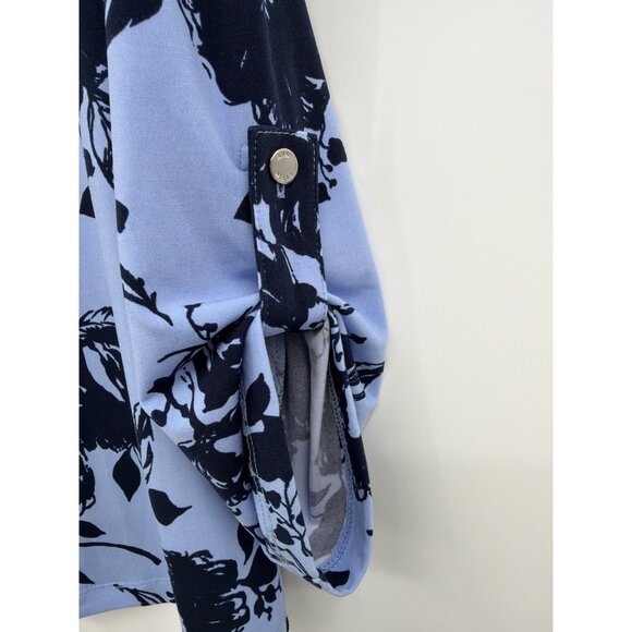 Anne Klein Size S Floral Split Neck Blouse Navy Light Blue Button Tab Sleeve New - Picture 4 of 6